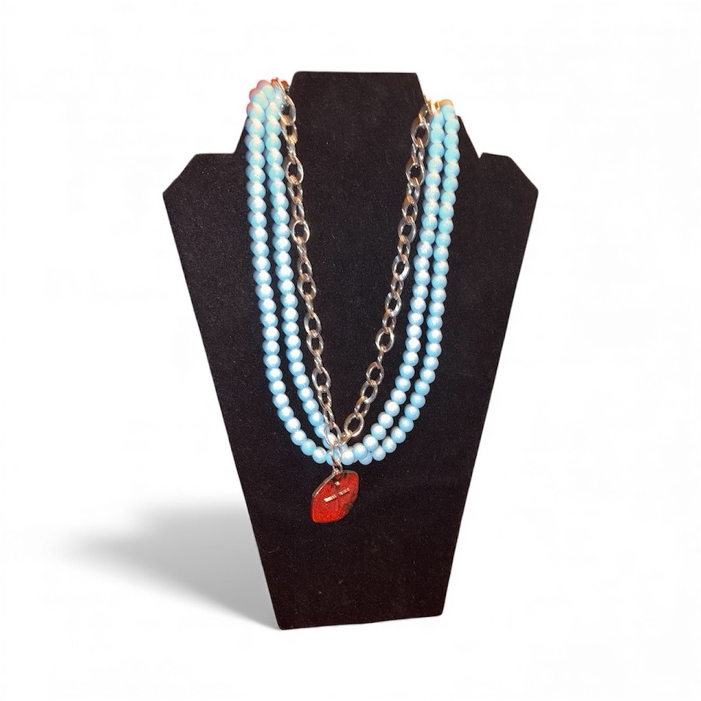 Silver Cross and Blue Beaded Necklace - Picture 2 of 3
